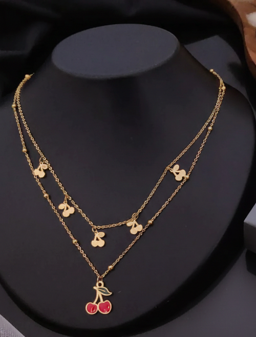 Layered gold charm necklace with cherry pendant by PinkbyPC