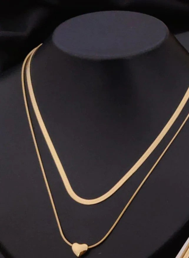 Layered herringbone gold chain with heart pendant by PinkbyPC