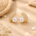 Pearl Curve Stud earrings - curved crystal with pearl by PinkbyPC
