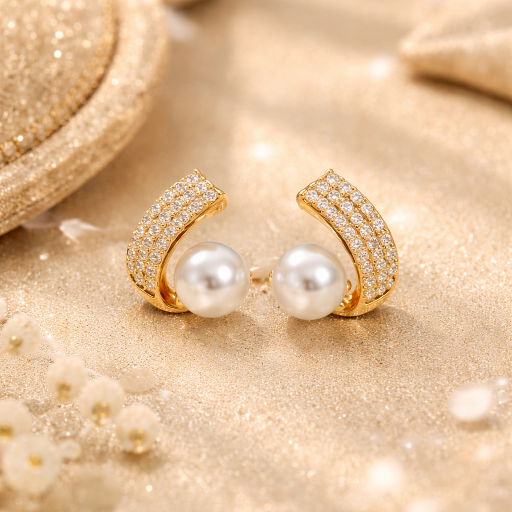 Pearl Curve Stud earrings - curved crystal with pearl by PinkbyPC