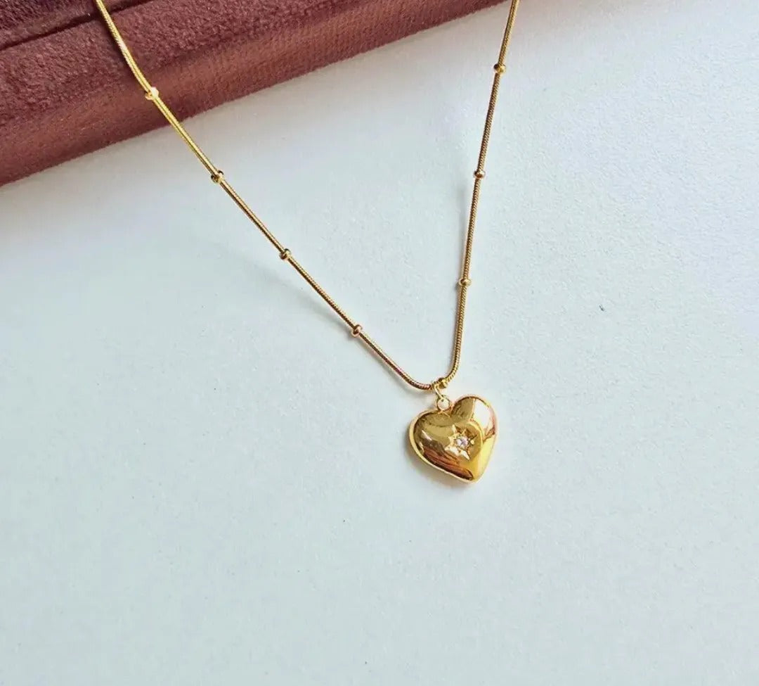 Dainty gold heart necklace with star stone charm by PinkbyPC