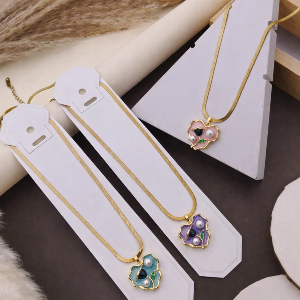 Pastel enamel flower pearl pendant gold necklace by PinkbyPC