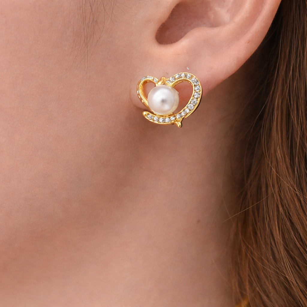Heart Pearl Stud earrings - heart shape with pearl center by PinkbyPC