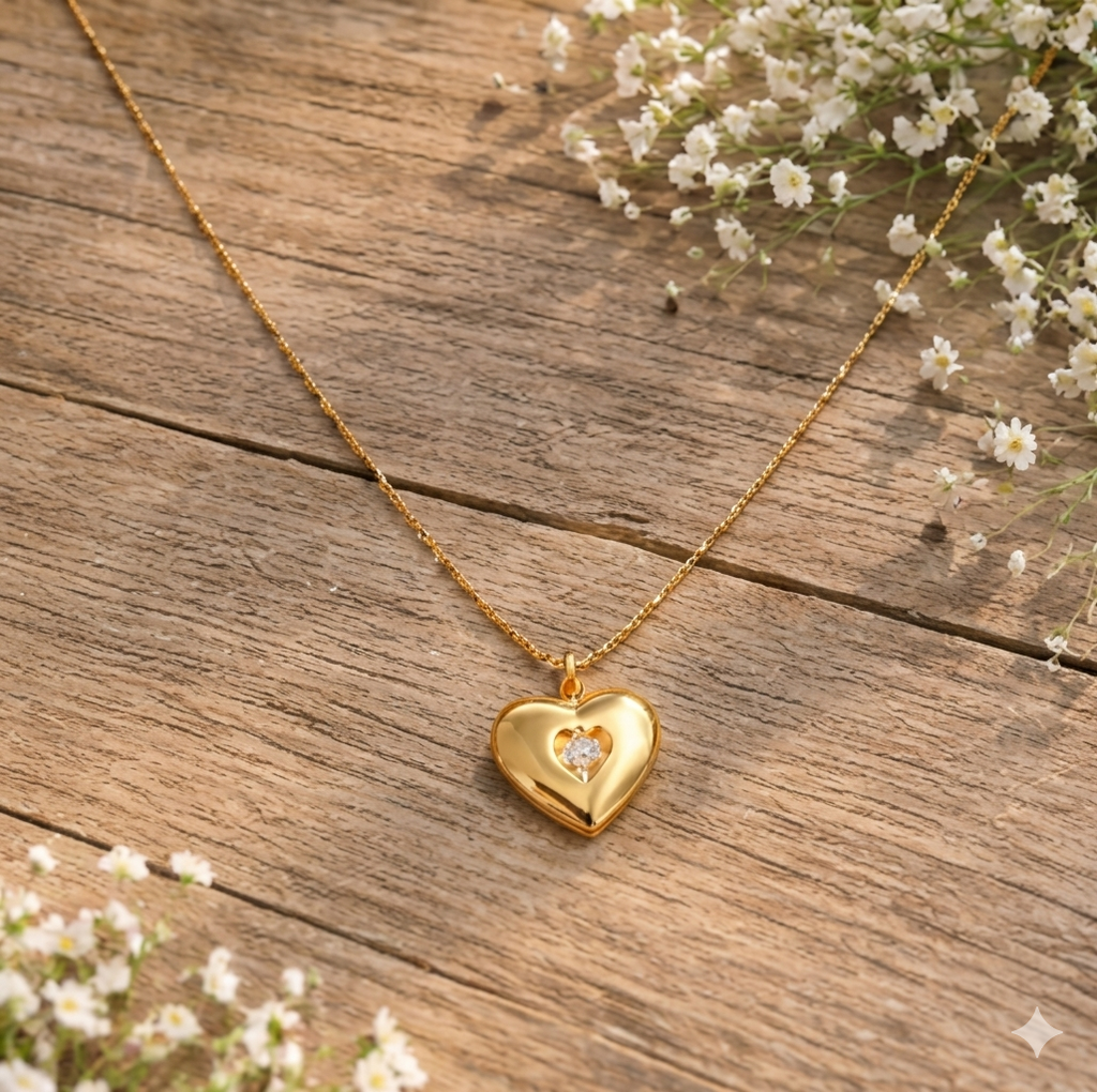 Starry Heart necklace - gold heart charm with crystal center by PinkbyPC