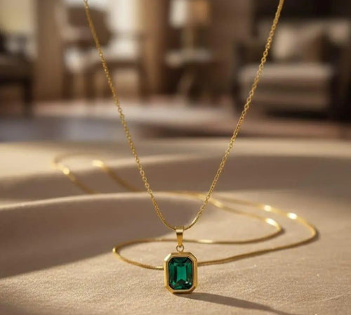 Emerald Halo necklace - emerald-cut green stone pendant by PinkbyPC