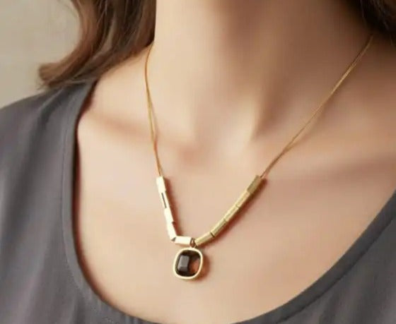 Bar link chain necklace with smoky cushion stone pendant by PinkbyPC