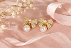 Pearl Bow Drops earrings - bow with hanging pearl by PinkbyPC