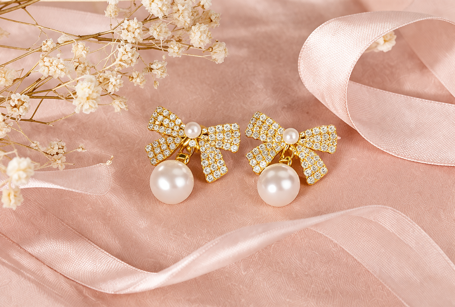 Pearl Bow Drops earrings - bow with hanging pearl by PinkbyPC