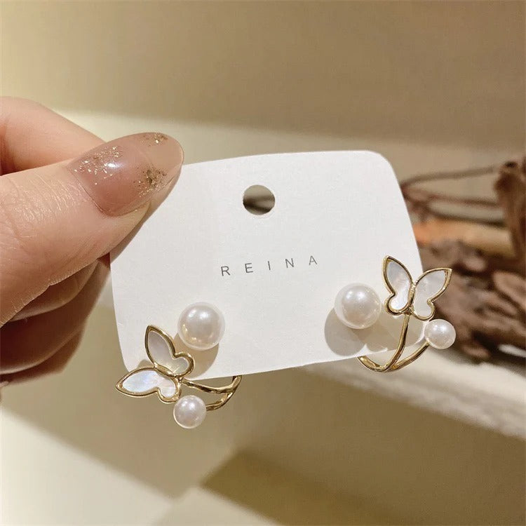 Butterfly Pearl Stud earrings - butterfly with pearl accents by PinkbyPC