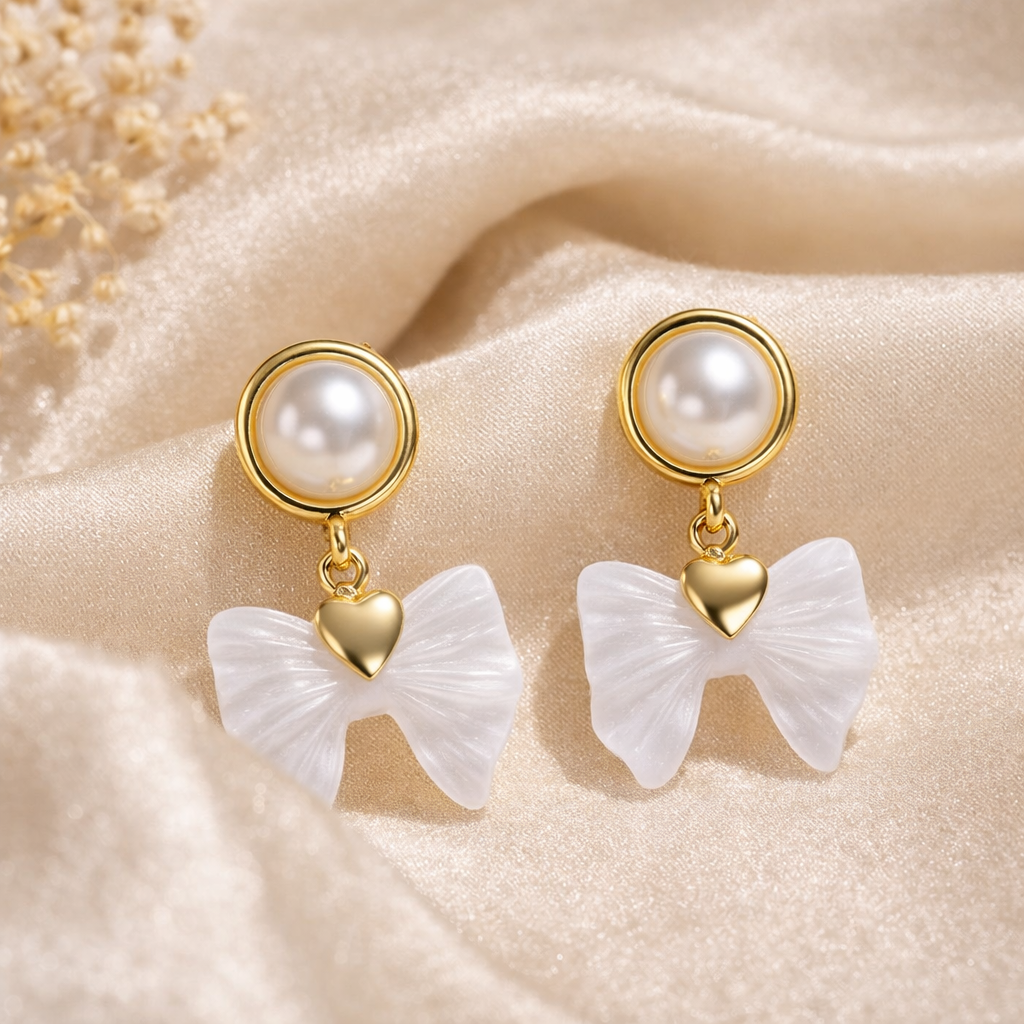 Pearl Bow Stud earrings - pearl stud with bow charm by PinkbyPC